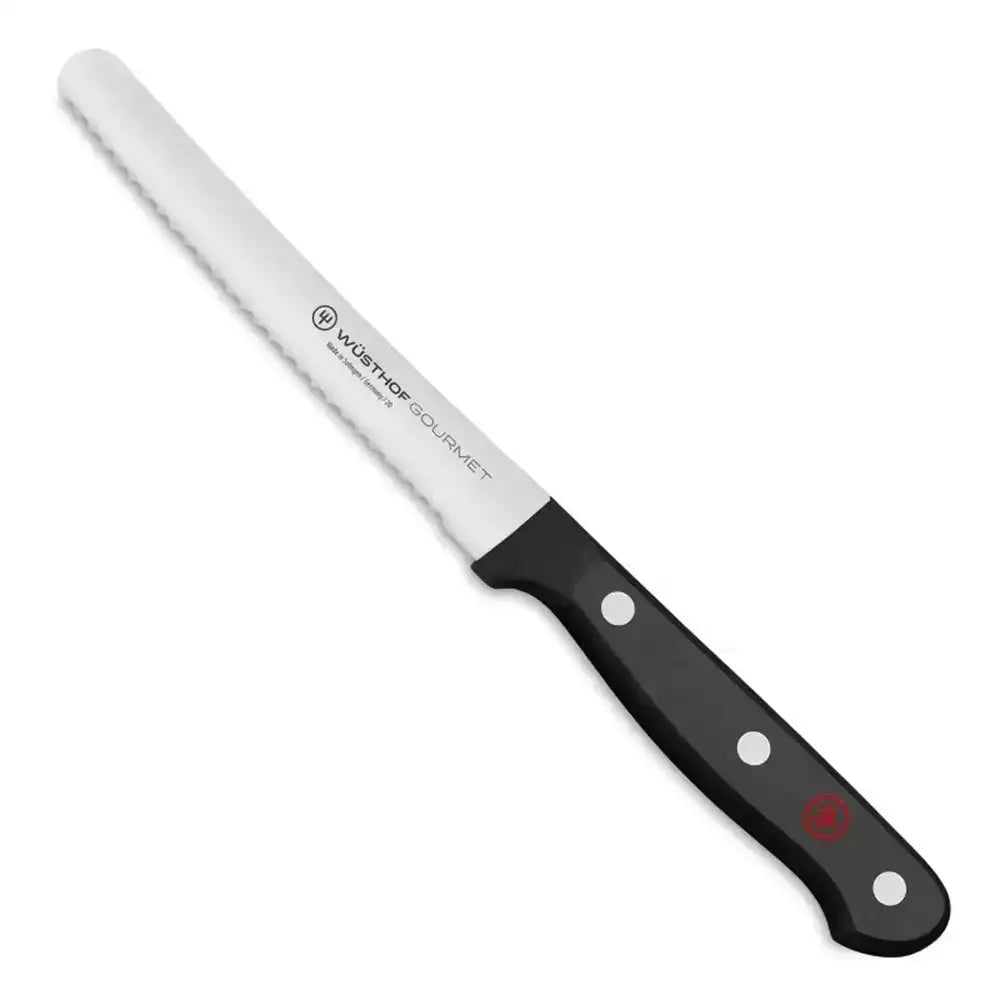 Wusthof Gourmet knife with a white blade and black handle on a white background