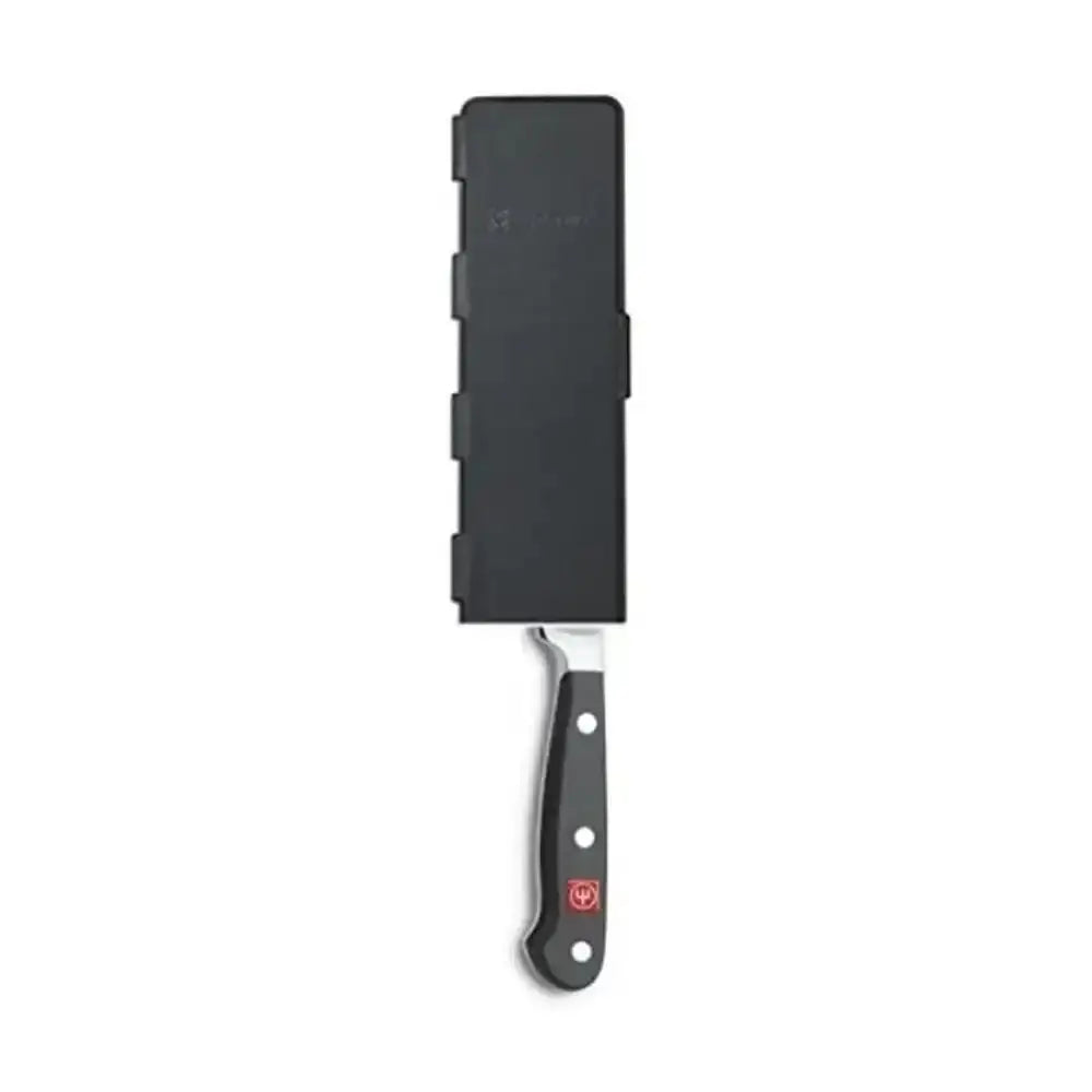 Black wusthof chef’s knife with ergonomic handle and matching black magnetic blade guard 26cm sheath