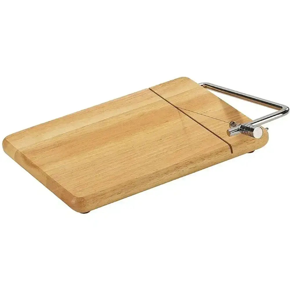 Wooden cutting board with a metal handle on a white background