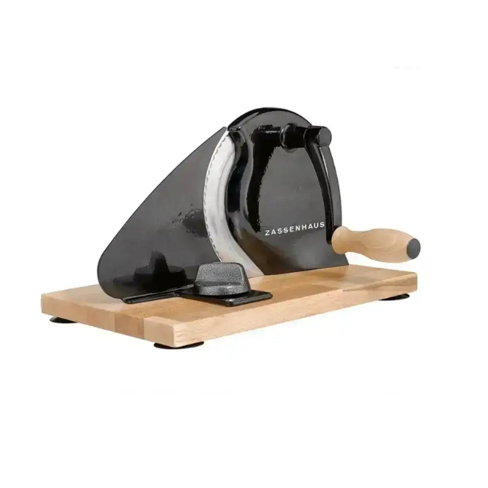 Black meat slicer on a wooden base with 'Zassenhaus' branding on a white background