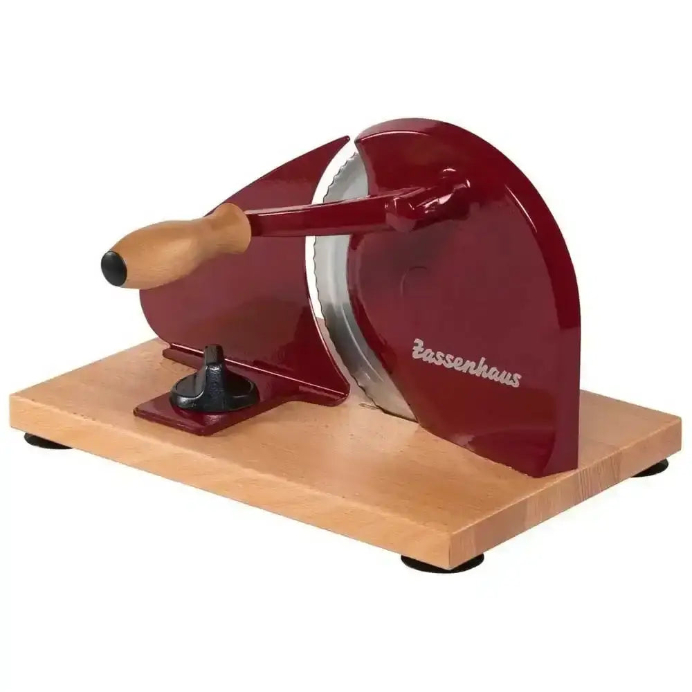 Red meat slicer with wooden handle on a white background
