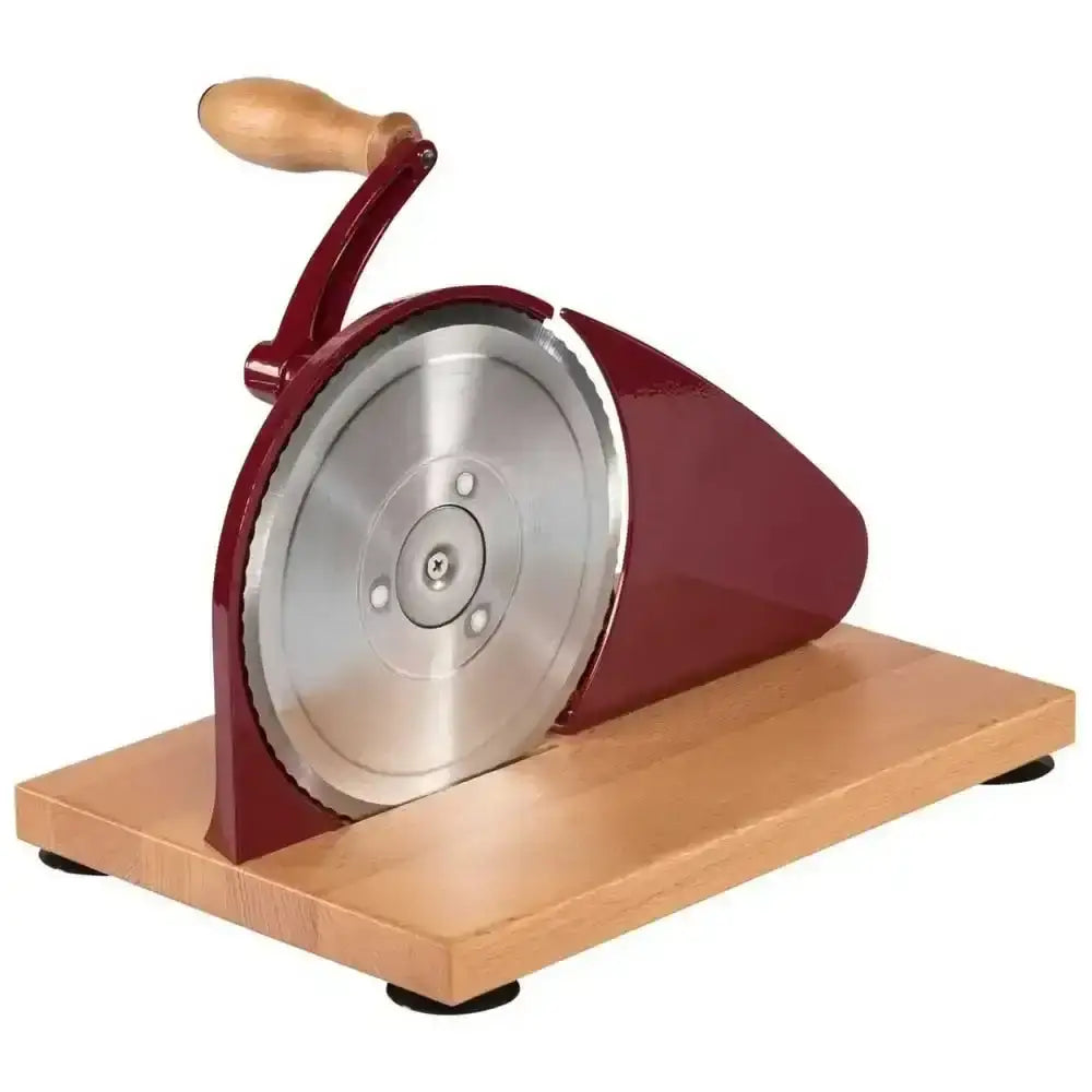 Manual meat slicer with wooden handle and base on a white background