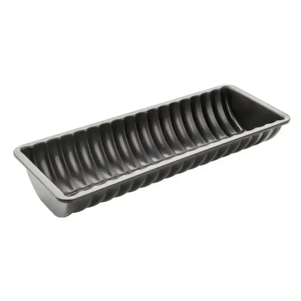 Black rectangular baking tray with ribbed design on a white background