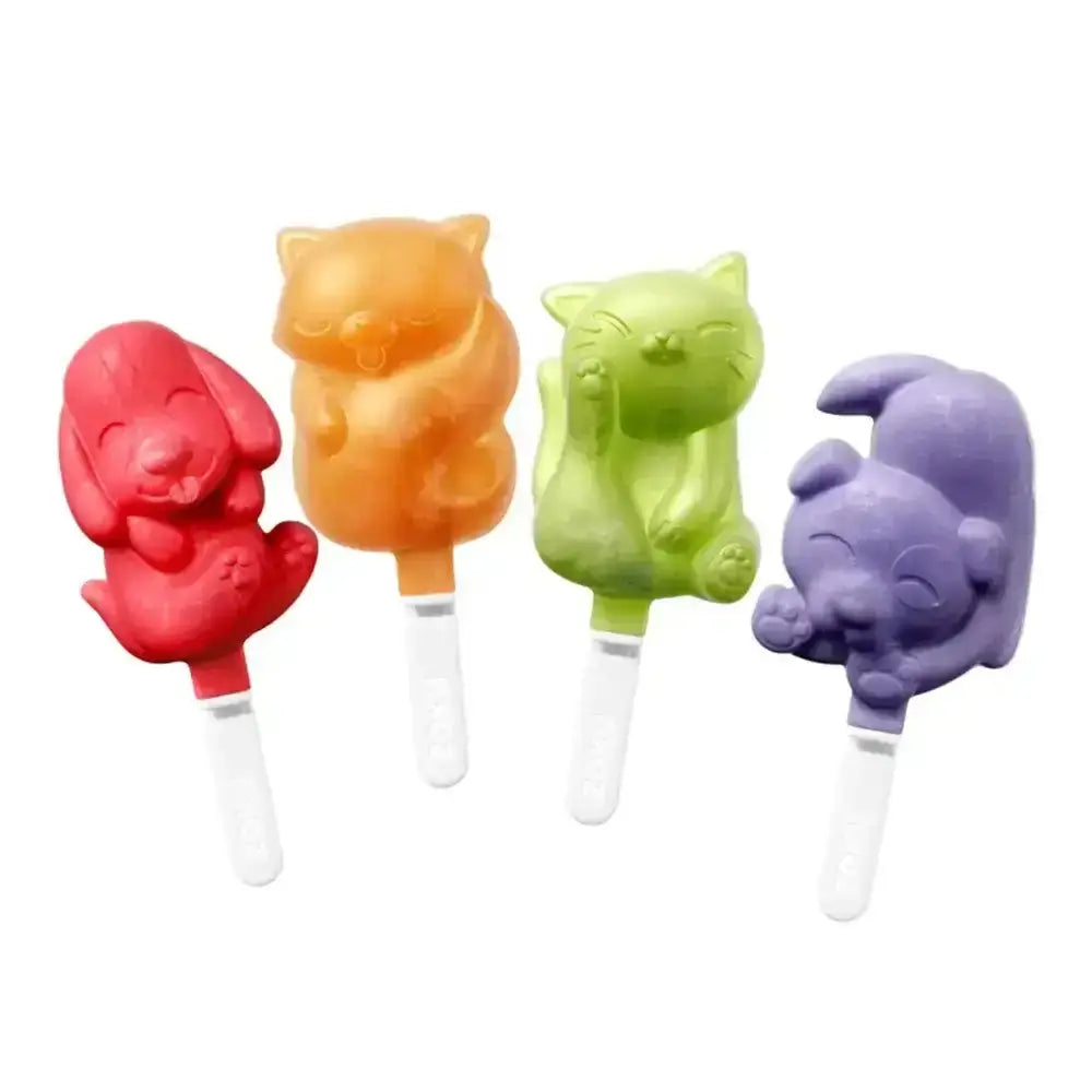 Four colorful animal-shaped popsicles on a white background