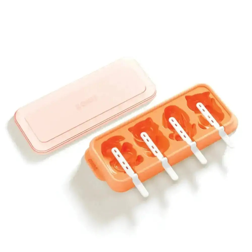 Orange silicone ice cube tray with white handles and a pink carrying case on a white background
