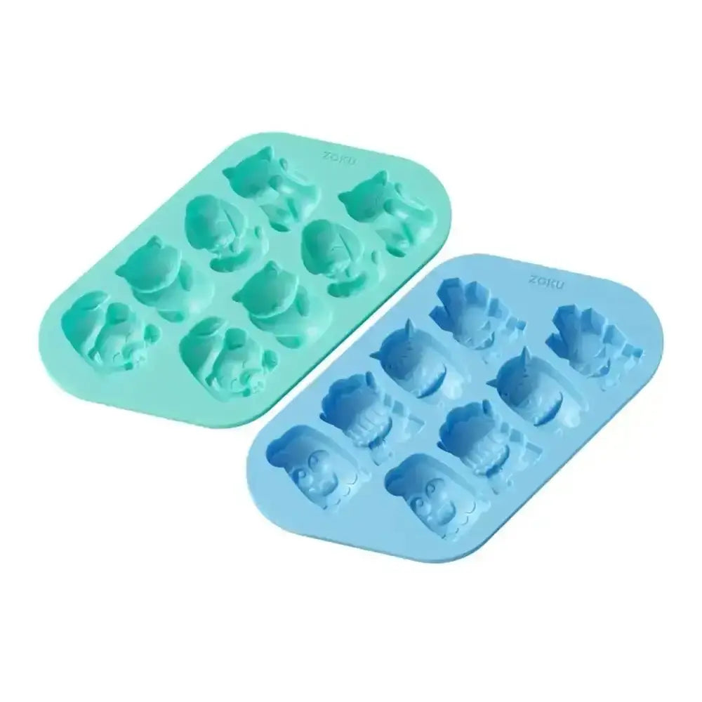 Two silicone ice cube trays with animal molds on a white background