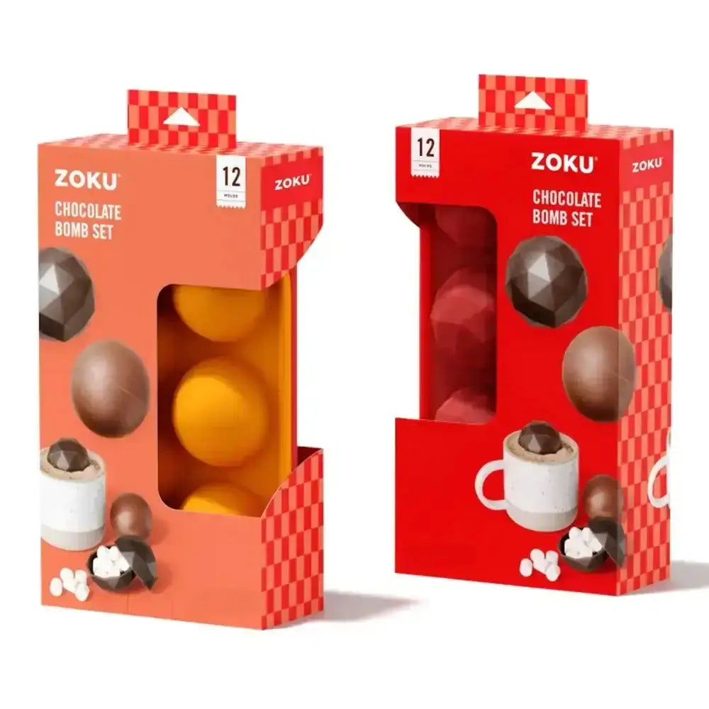 Two ZOKU chocolate bomb sets in red and orange packaging on a white background