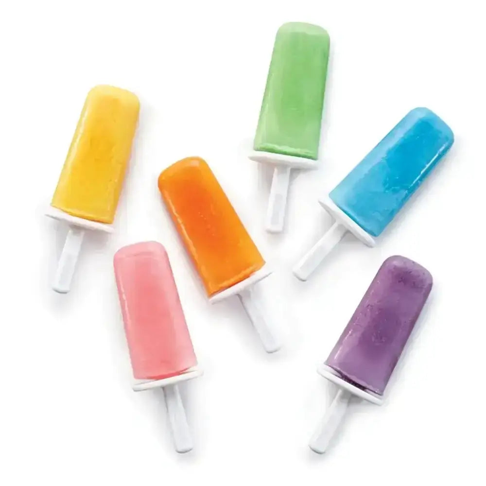 Six colorful homemade popsicles on white background using in-line slow pop moulds