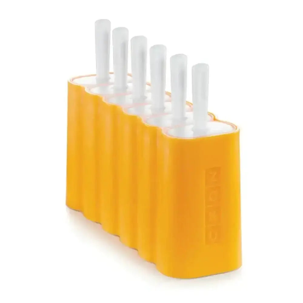 Yellow silicone ice pop mold with six white handles for homemade frozen popsicles