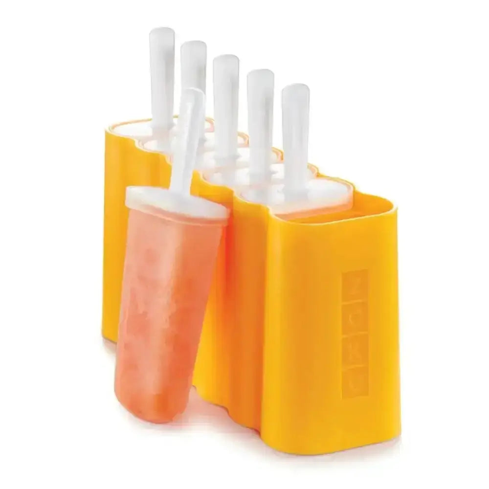 Yellow silicone ice pop mold with frozen popsicles and plastic sticks, kitchenware product