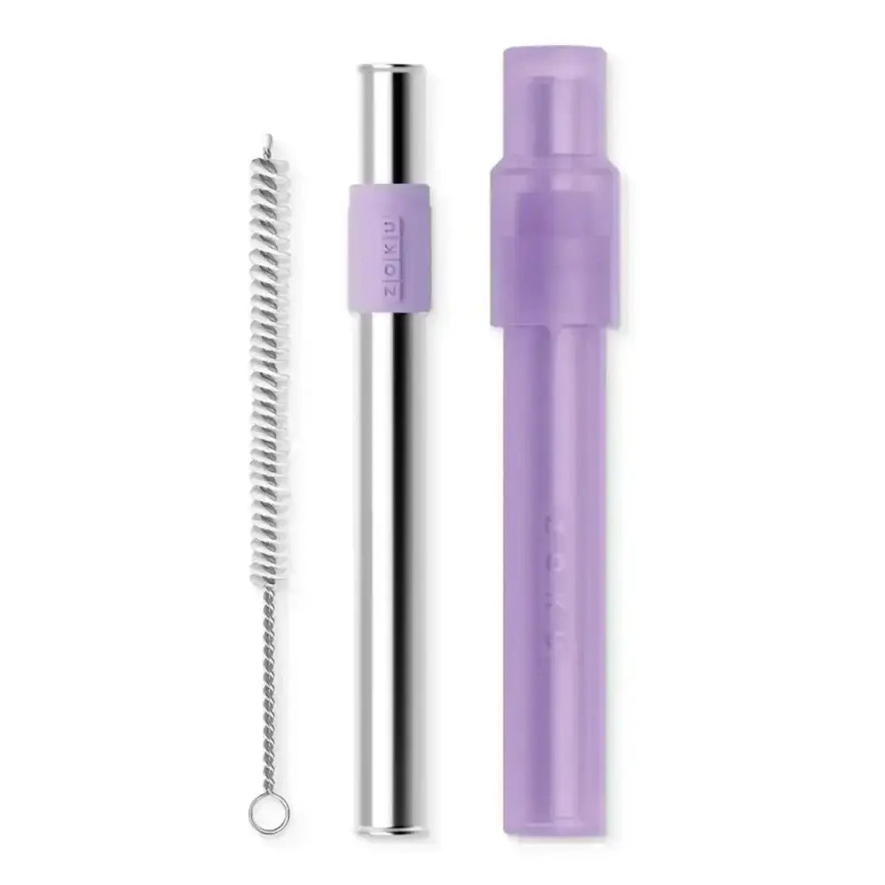 Purple straw with cleaning brush on a white background