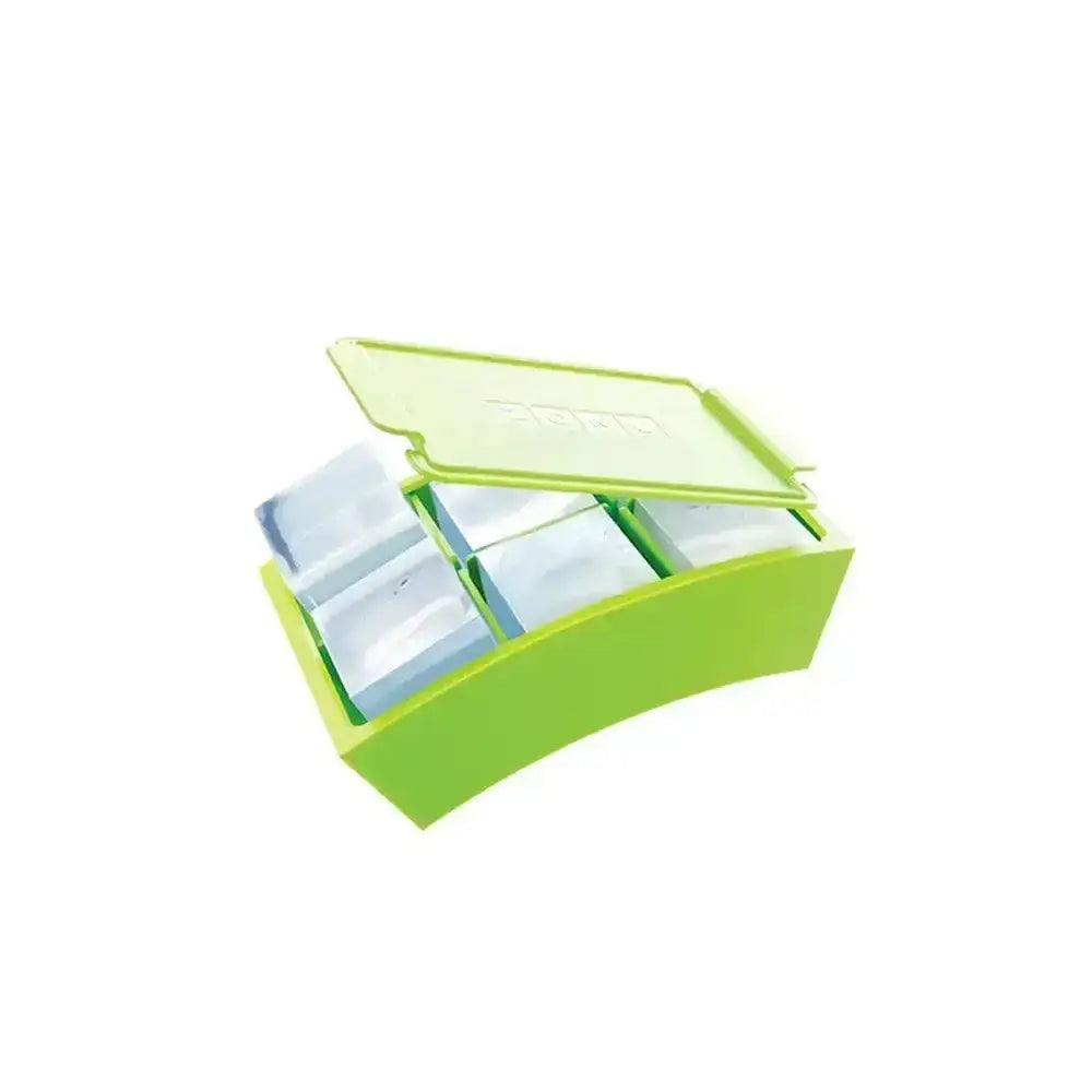 Bright lime green zoku jumbo silicone ice cube tray with matching lid designed for easy frozen treat storage and serving