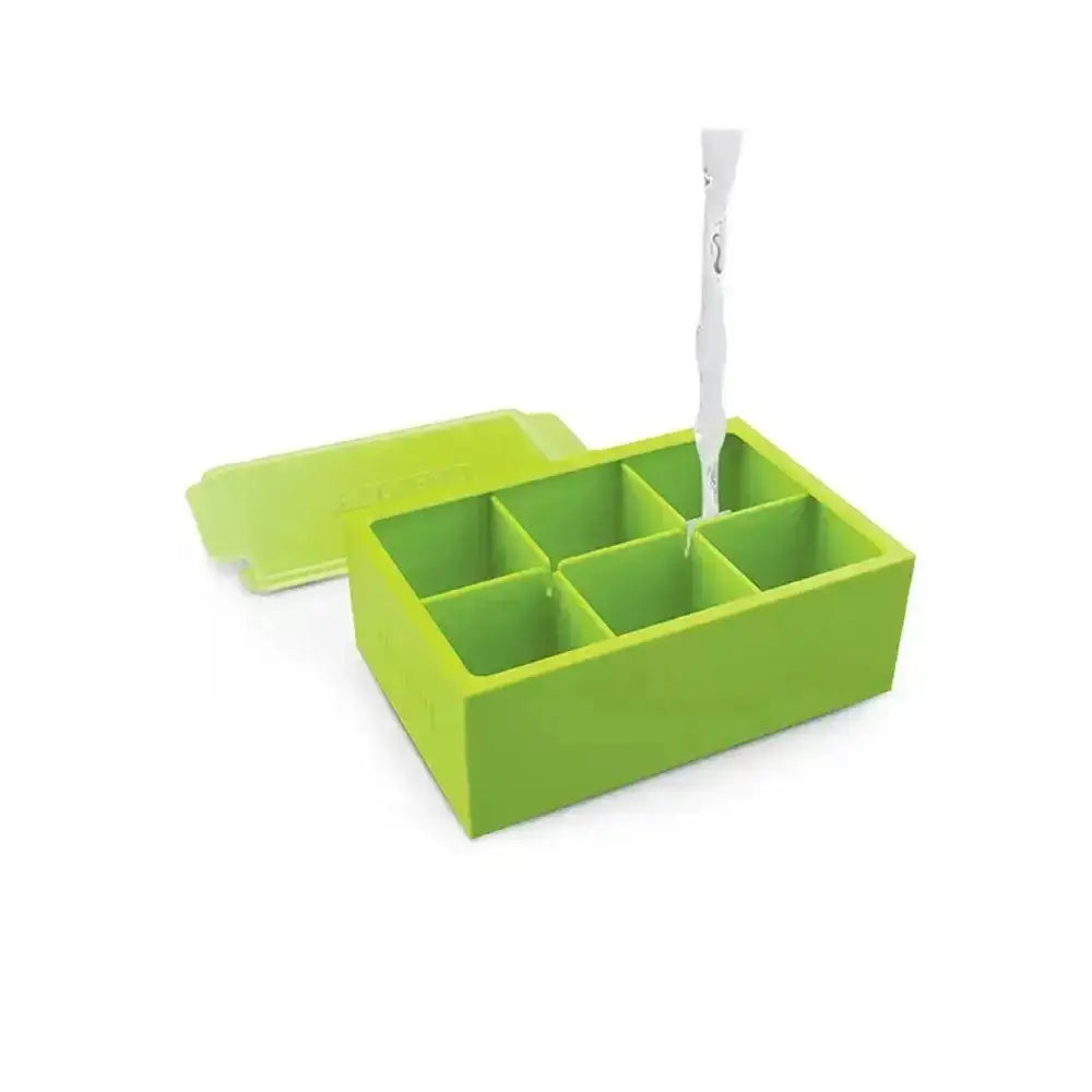 Bright lime green zoku jumbo silicone ice cube tray set with matching lids and white plastic scoops for easy use