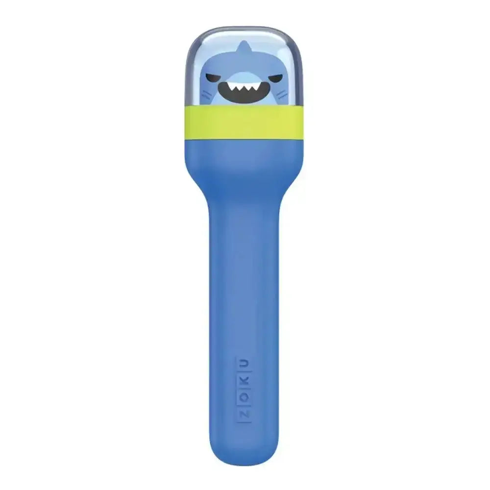 Blue and green object with shark design on a white background