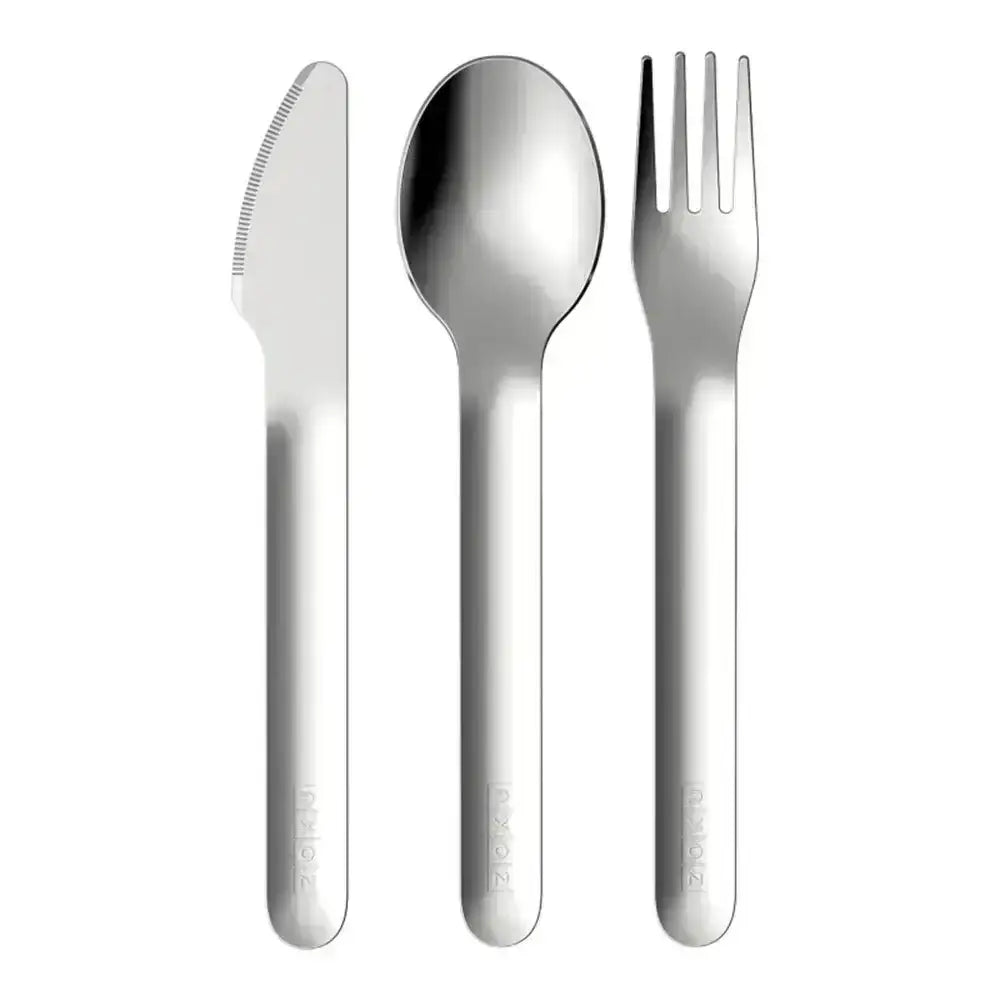 Set of silver cutlery with branding on a white background