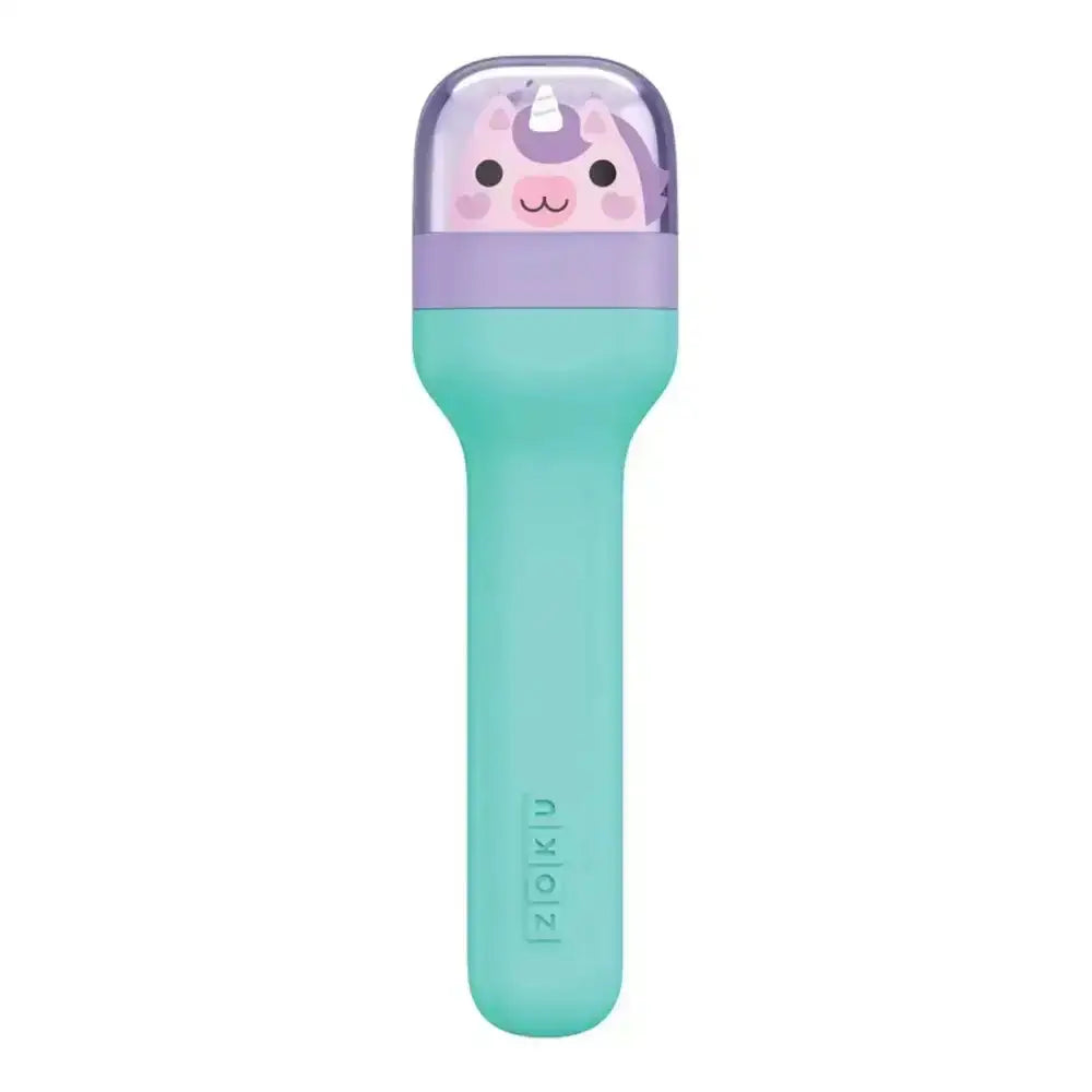 Teal and purple object with unicorn design on a white background