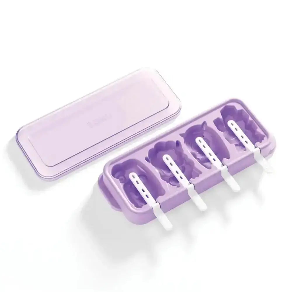 Purple popsicle mold with white sticks on a white background