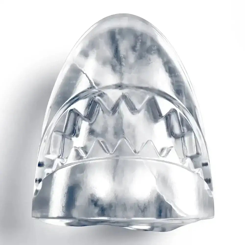Clear transparent acrylic shark-shaped cookie cutter with detailed teeth and glossy finish zoku shark ice ball moulds 2pc