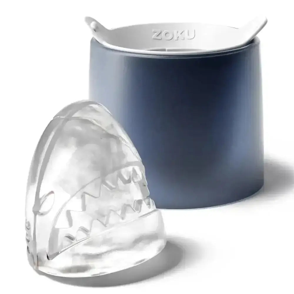 Clear transparent shark-shaped ice cube tray with detailed teeth and eyes zoku shark ice ball moulds 2pc