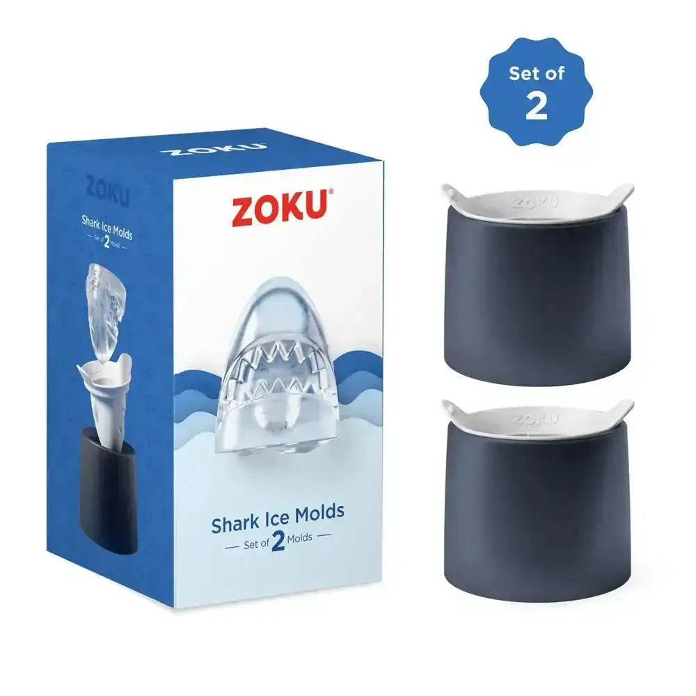Zoku shark ice ball moulds 2pc clear plastic with black silicone bases and white lids for shark-shaped ice balls