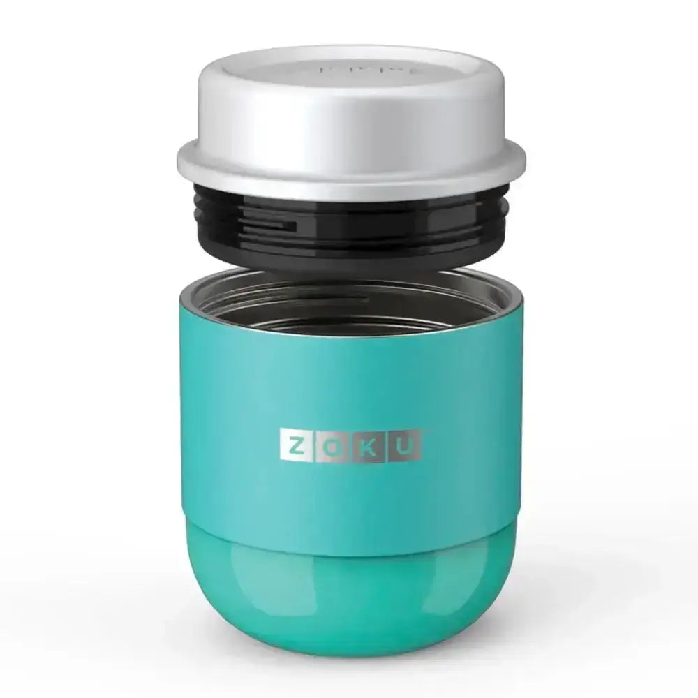 Turquoise ZOKU insulated cup with a silver lid on a white background