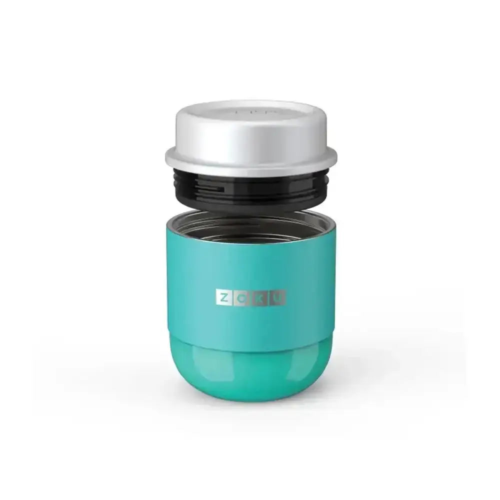 Turquoise thermos with white lid on a white background