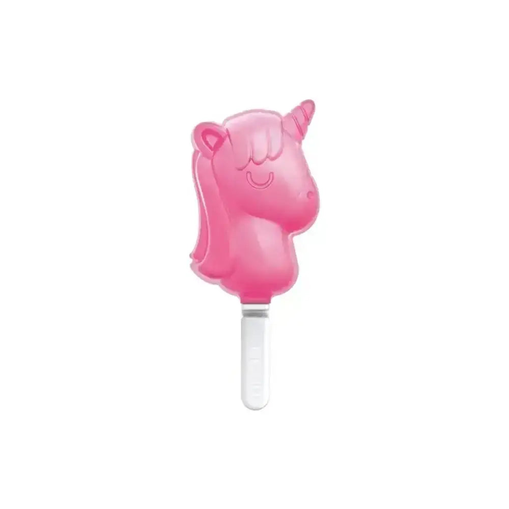Pink unicorn-shaped popsicle on a white background