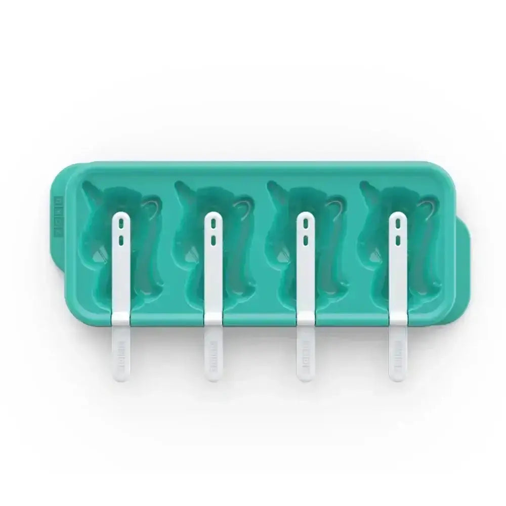 Green ice pop mold with four compartments on a white background