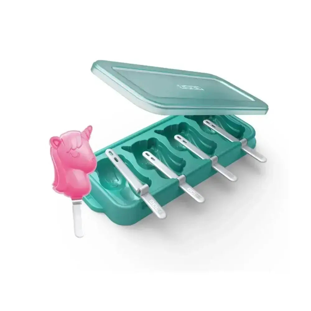 Teal popsicle mold with pink unicorn-shaped mold on a white background