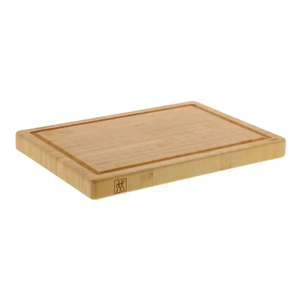 Bamboo cutting board with a brand logo on a white background