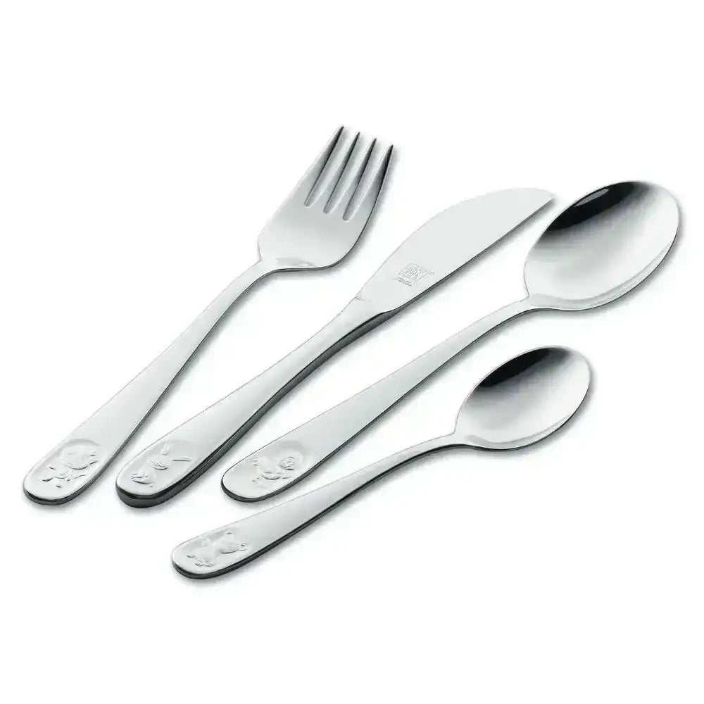 Set of silver cutlery including a fork, knife, and two spoons on a white background
