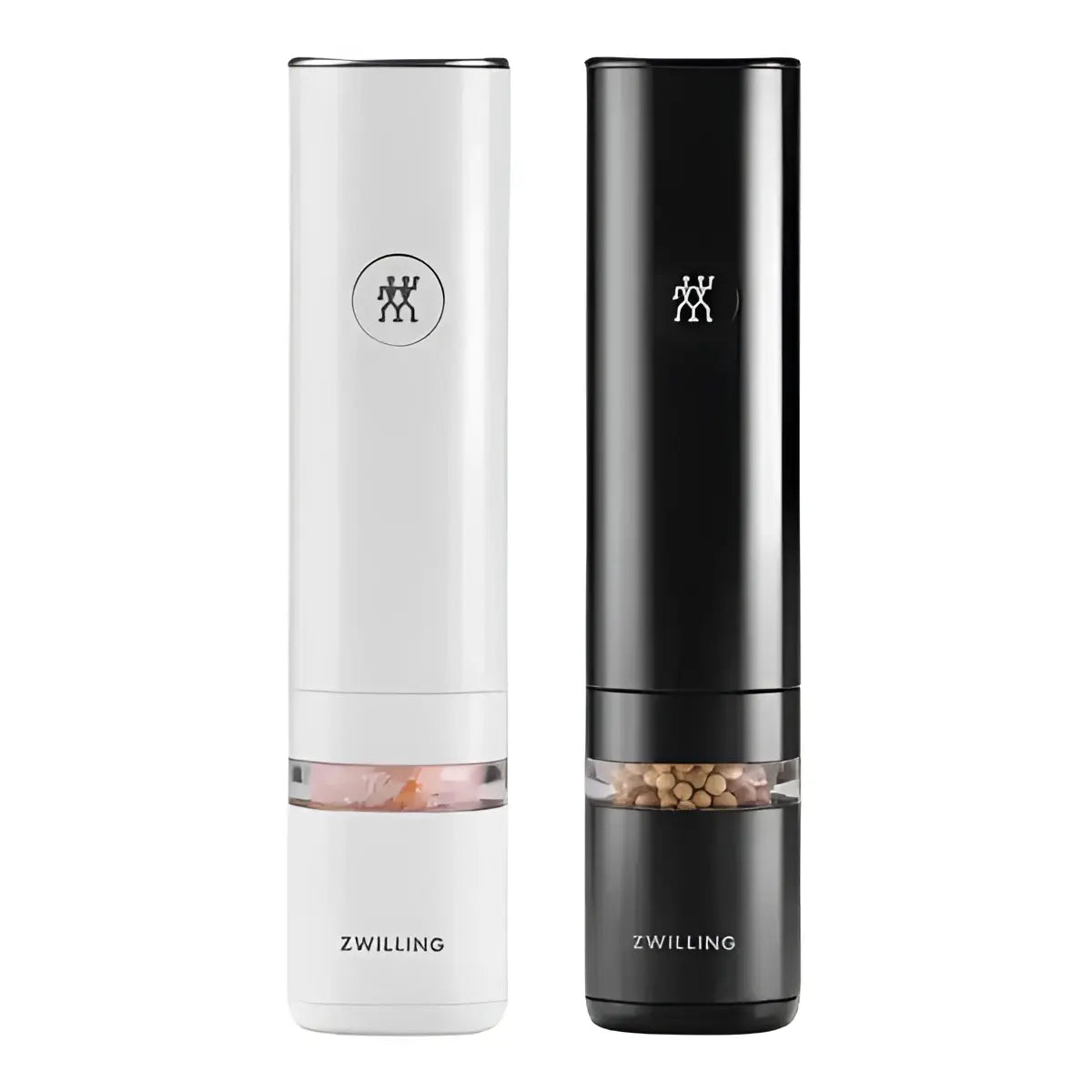 Two pepper mills, one white and one black, with 'Zwilling' branding on a white background.