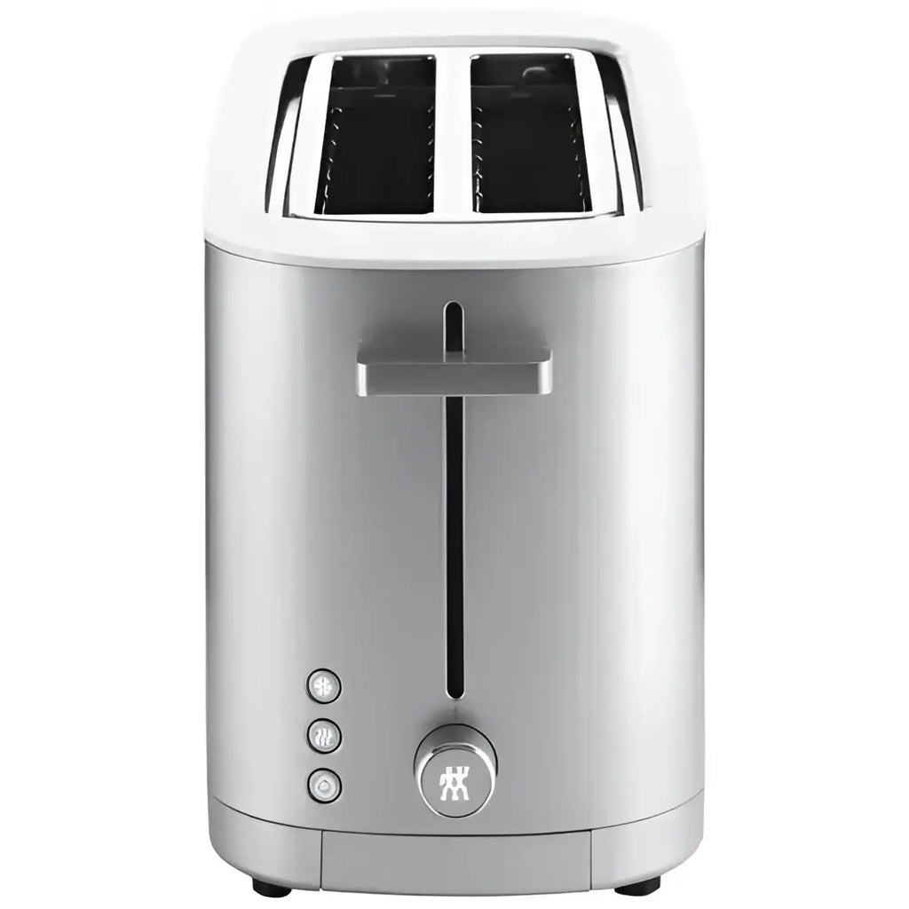Silver toaster with brand logo on a white background