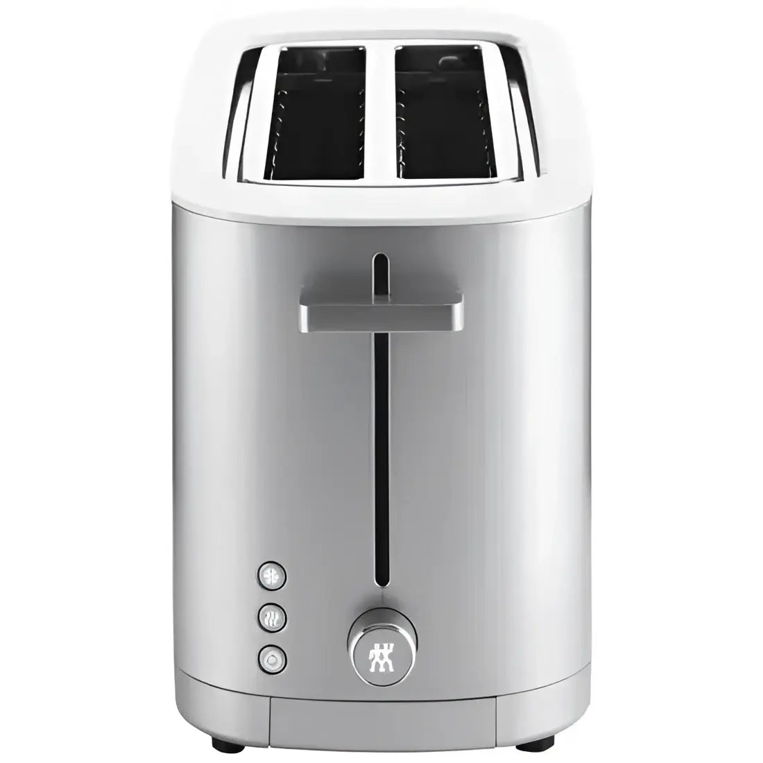 Silver toaster with brand logo on a white background