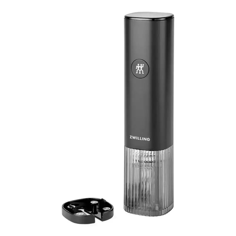 Black wine bottle opener with silver accents on a white background