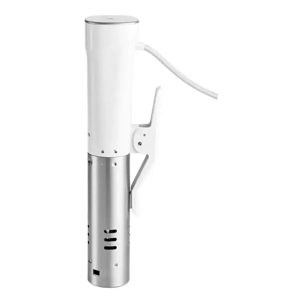 Metallic cylindrical device with a white top on a white background