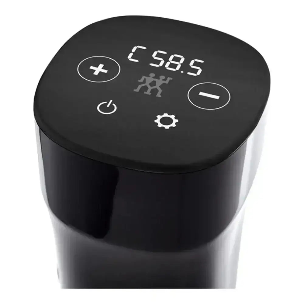 Black electronic device with digital display and control buttons on a white background