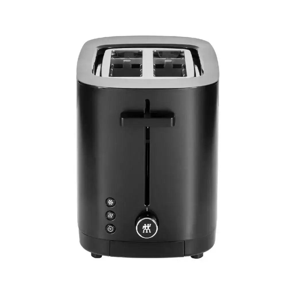 Black toaster with silver top on a white background