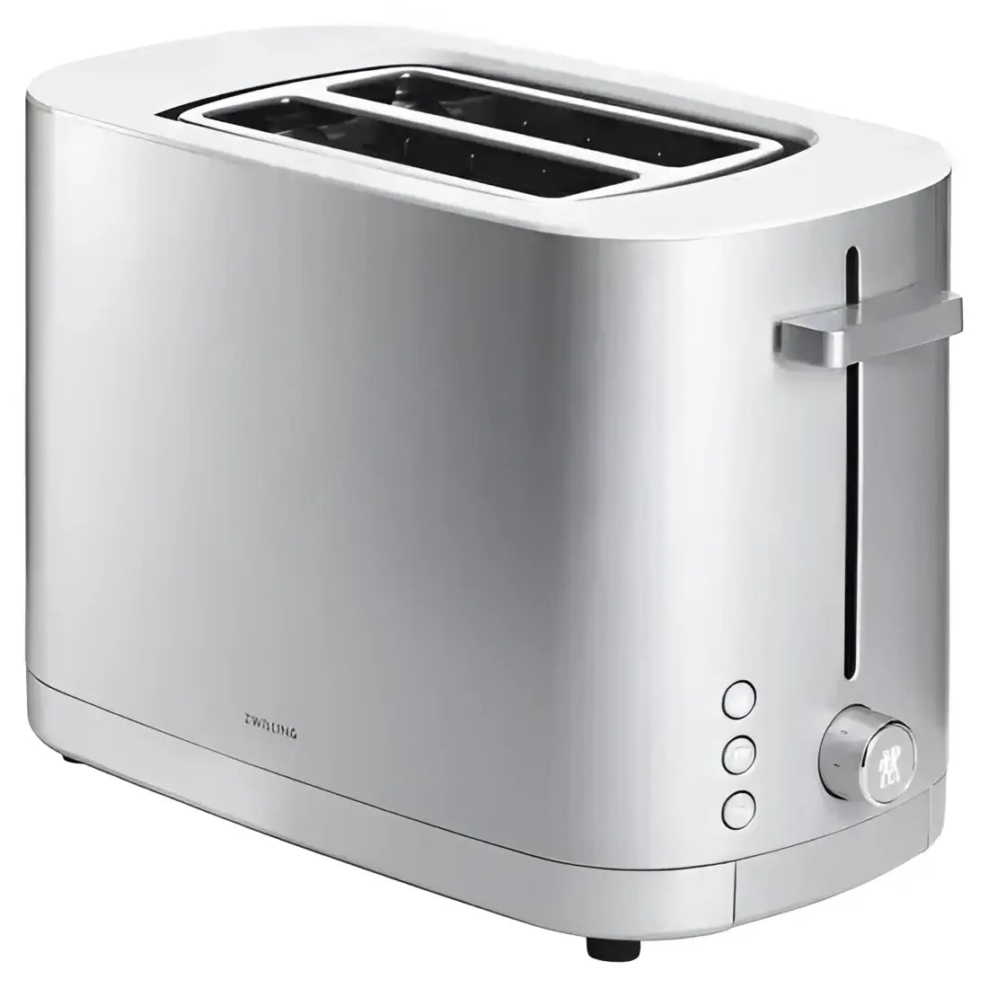 Silver toaster with brand logo on a white background