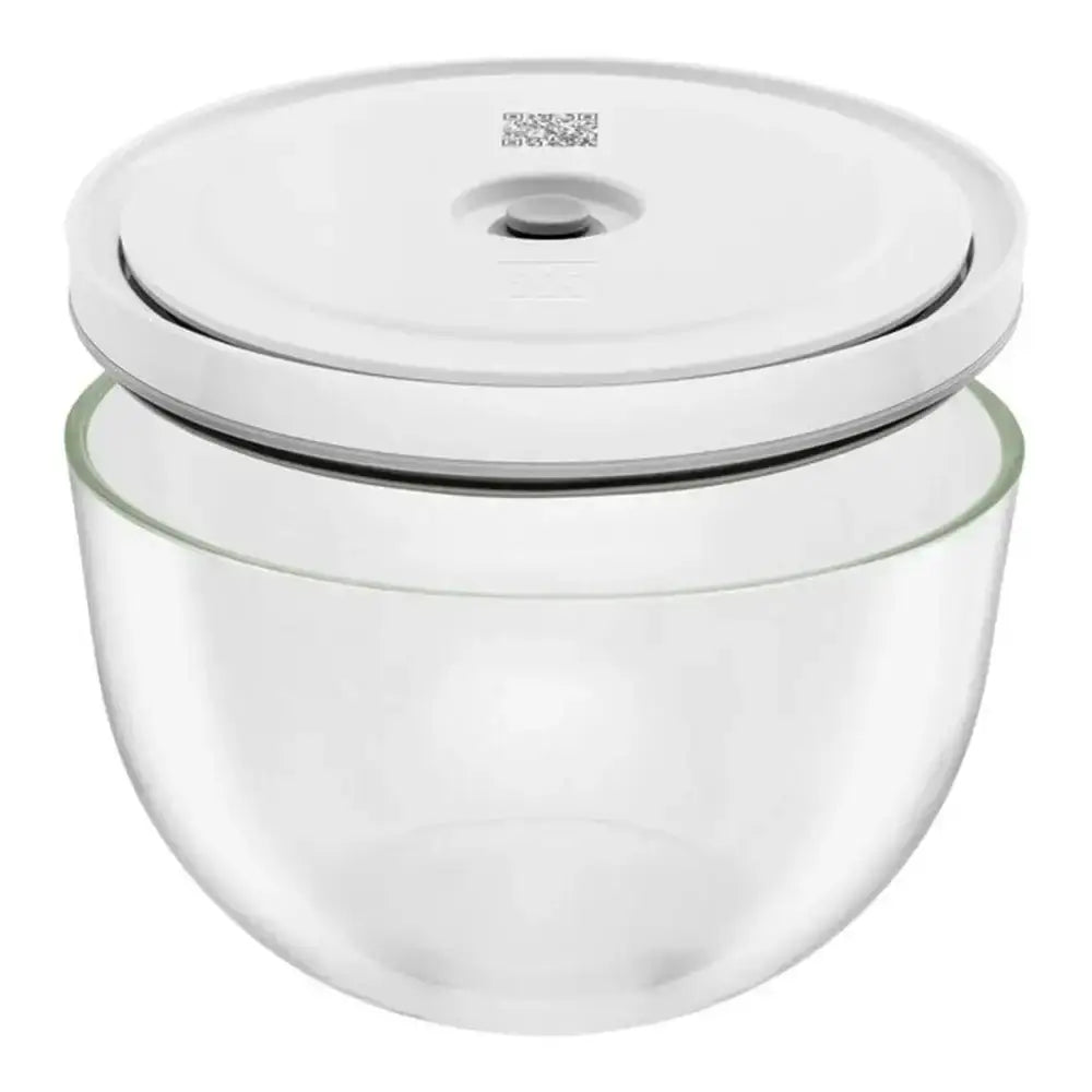 Clear glass container with a white lid on a white background