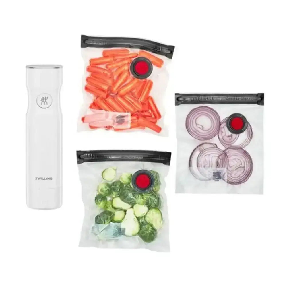 Set of vacuum-sealed bags with vegetables on a white background