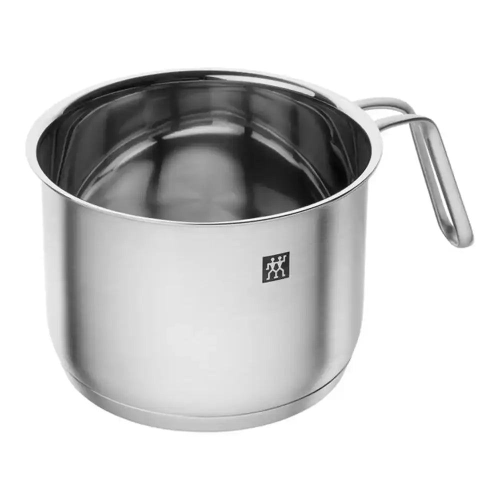 Stainless steel saucepan with handle on a white background