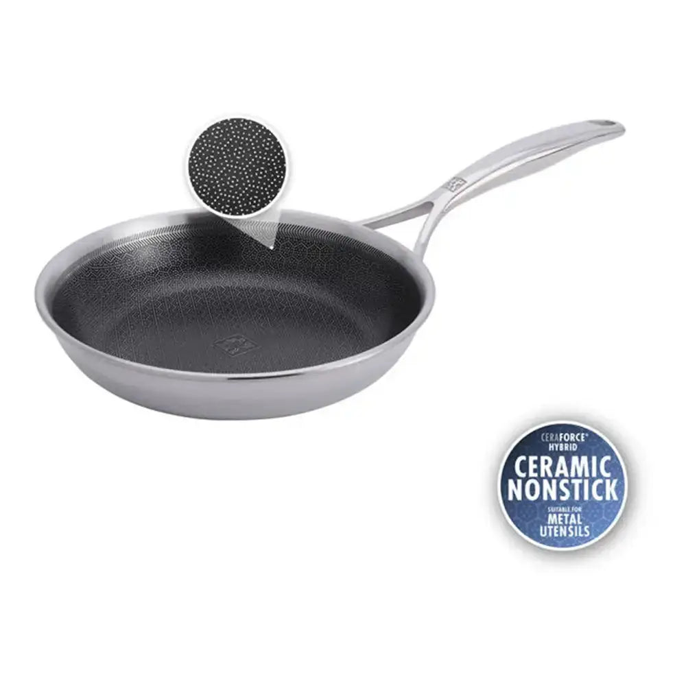 Ceramic nonstick frying pan with a close-up of the coating and brand logo on a white background.