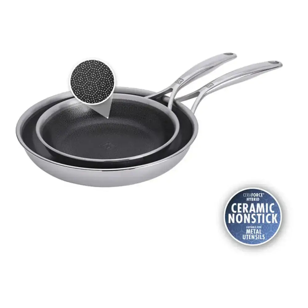 Set of two frying pans with a ceramic nonstick coating on a white background