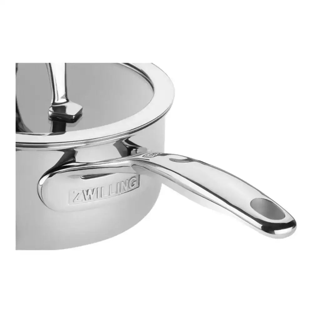 Silver saucepan with handle on a white background