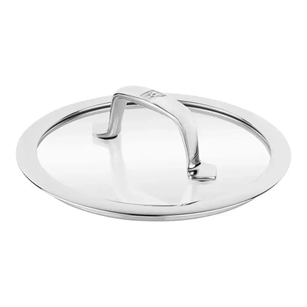 Clear glass lid with metal handle on a white background