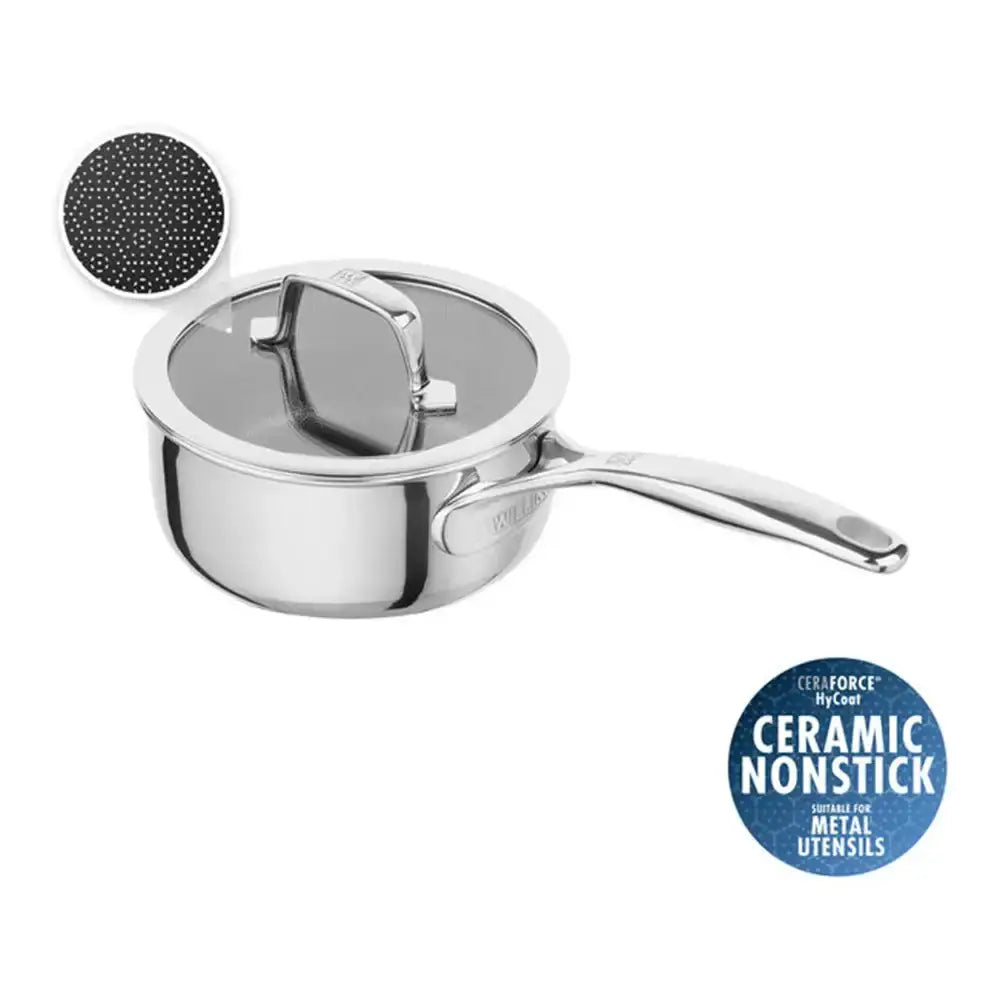 Stainless steel saucepan with lid on a white background, featuring a ceramic nonstick coating label.