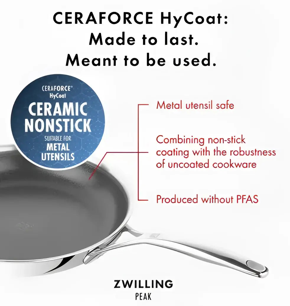 Zwilling Peak frying pan with Ceraforce HyCoat technology features and branding.