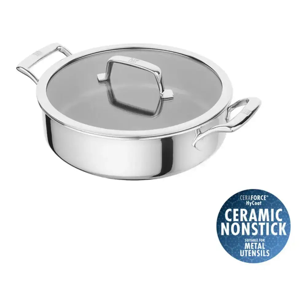 Stainless steel pot with lid on a white background, featuring a Ceramic Nonstick logo.