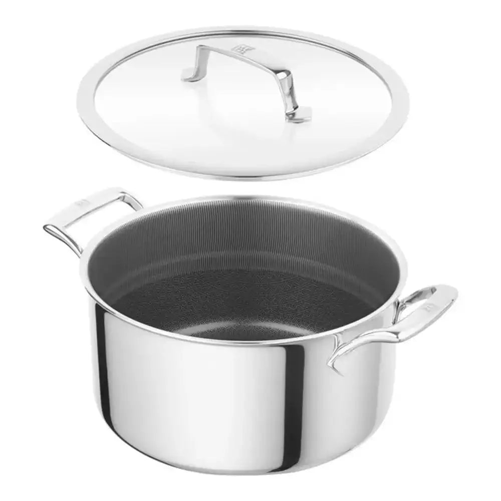 Stainless steel pot with lid on a white background